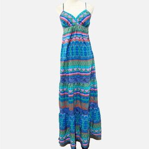 Flying Tomato Bright Multicolor Geometric Print Maxi Dress Smocked Summer Size L